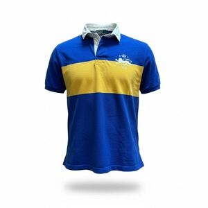 Polo Ralph Lauren Rugby Shirt Royal Blue Yellow Stripe Lion Crest Custom Fit‎ XL